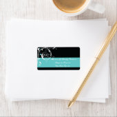 Étiquette Floral feuille de défilement noir aqua mariage (En situation)