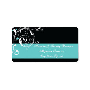 Étiquette Floral feuille de défilement noir aqua mariage