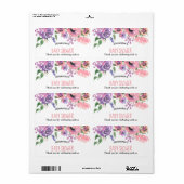 Étiquette Flores violettes roses | MERCI BABY SHOWER (Feuille entière)