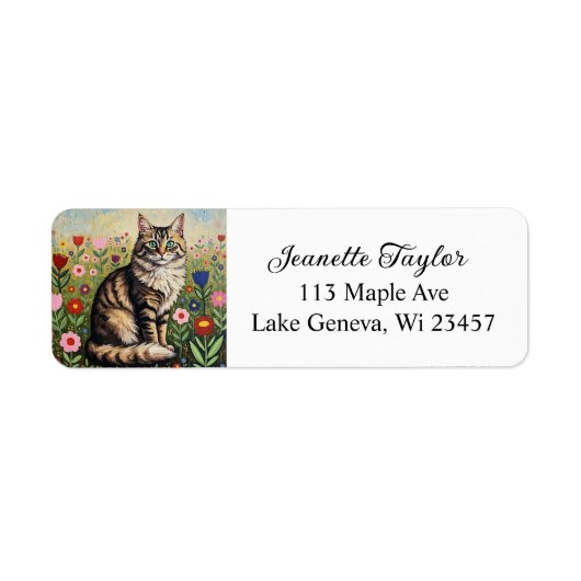 Étiquette Fluffy Gray Tabby Cat and Folk Art Flowers (Devant)