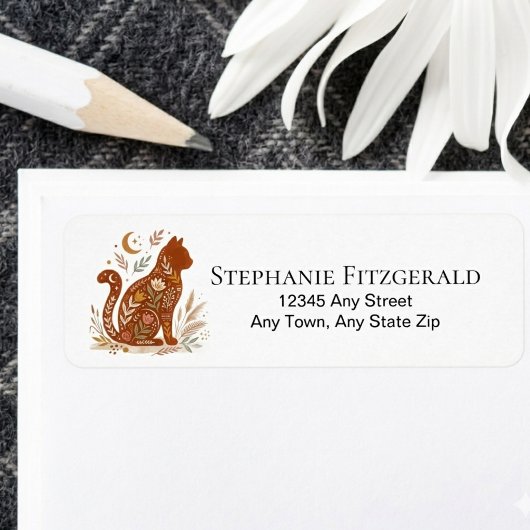 Étiquette Folk Art Cat Bohemian Floral Return Address