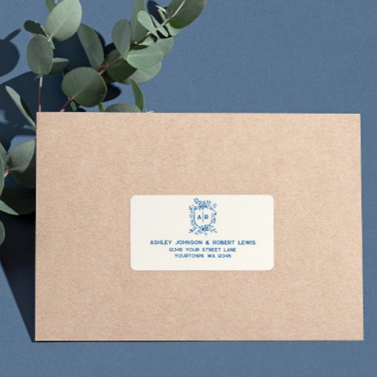 Étiquette French Blue Monogram Crest Wedding RSVP Address