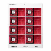 ÉTIQUETTE FUCHSIA BLACK RED SILK DAMASK, MONOGRAM CARRÉ (Feuille entière)