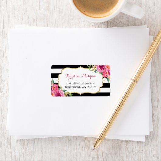 Étiquette Fuchsia rose violet moderne Flore BW Stripes (En situation)