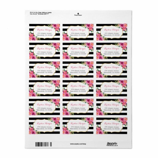 Étiquette Fuchsia rose violet moderne Flore BW Stripes (Feuille entière)