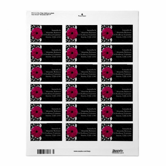 Étiquette Fuchsia Scroll Gerbera Daisy avec noir et blanc (Feuille entière)