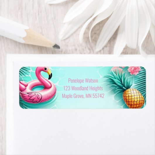 Étiquette Fun Flamant rose et ananas Summer Pool Party (En situation)