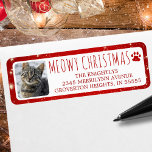 Étiquette Funny Cat MEOWY CHRISTMAS Photo Red Pawprint<br><div class="desc">Drôle chat photo enveloppe de vacances de Noël étiquette d'adresse de retour avec votre photo préférée de votre chat ou chaton avec l'accueil MEOWY CHRISTMAS dans la typographie moderne lettrée à la main avec un empreinte de patte de chat en rouge contre un arrière - plan blanc et rouge avec...</div>