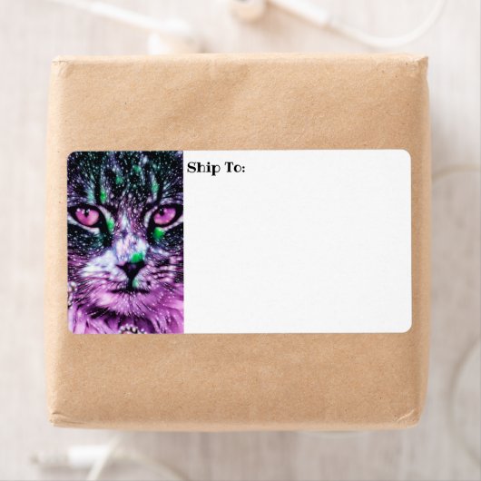 Étiquette Galaxie Cosmique Chat Starry Ciel violet et vert (En situation)