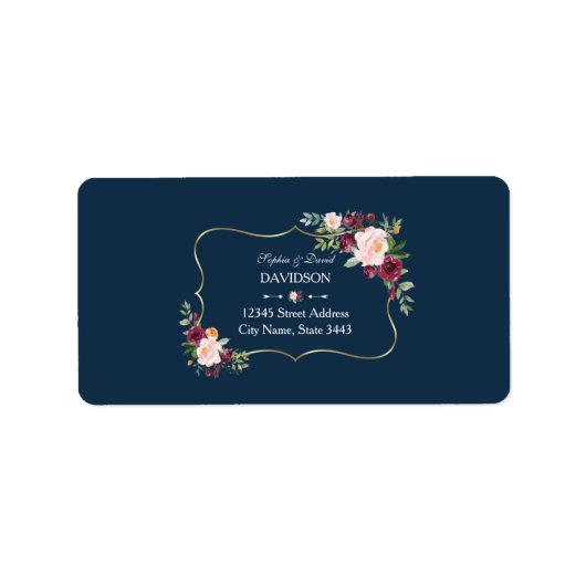 Étiquette Glam Gold Burgundy Blush Floral Navy Blue Mariage (Devant)