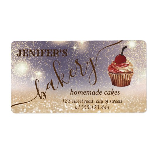 Étiquette Glittery vintage cupcake chef script boulangerie (Devant)