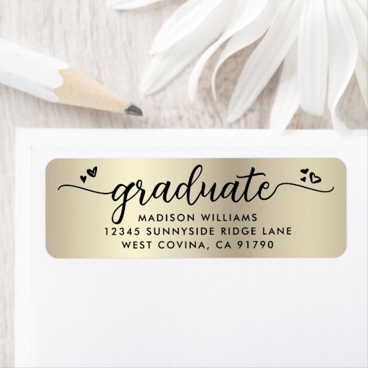 Étiquette Gold Black Graduation Script Coeurs Adresse modern (En situation)