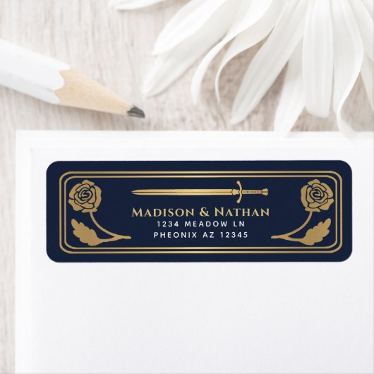 Étiquette Gold Blue Medieval Fantasy Sword Wedding Label (En situation)