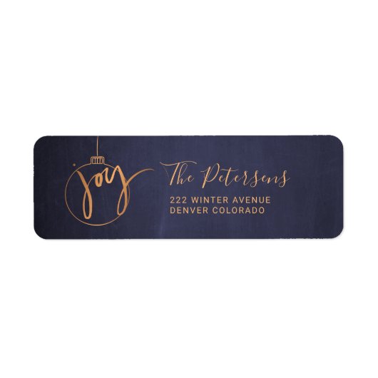 Étiquette Gold Christmas Tree Globe Joie Script sur Navy Blu (Devant)