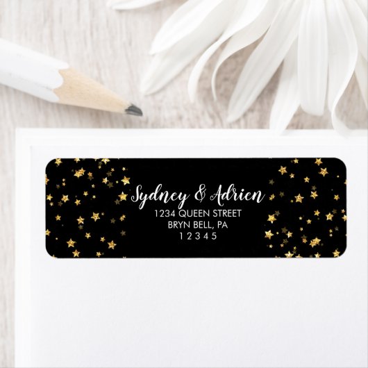 Étiquette Gold Confetti|Black Wedding Invite Return Adresse (En situation)
