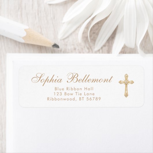 Étiquette Gold Cross Simple Religious Baptism Return Address (En situation)