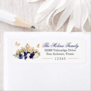Étiquette Gold Floral Tiara Navy Blue Return Adresse Label