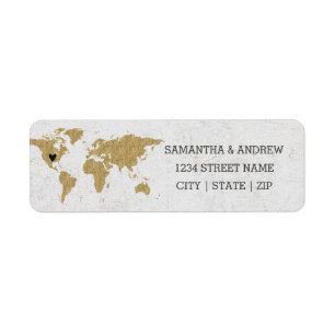 Étiquette Gold Foil World Map Mariage Adresse de retour