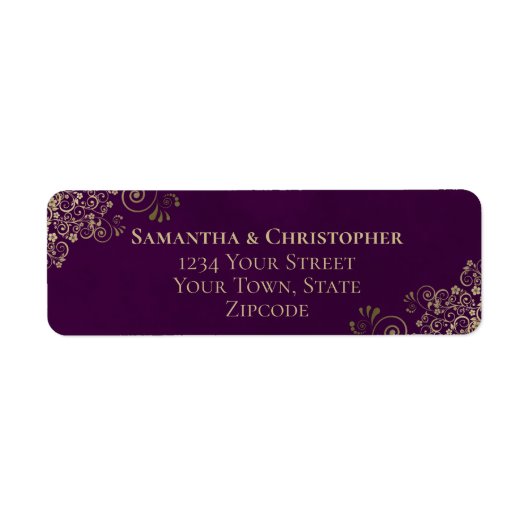 Étiquette Gold Frops on Plum Purple Mariage Adresse de retou (Devant)