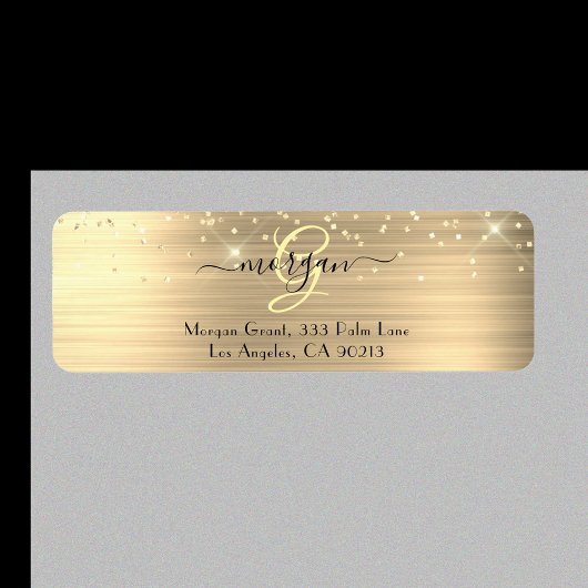 Étiquette Gold Glitter & Monogram, Black Script Name Address