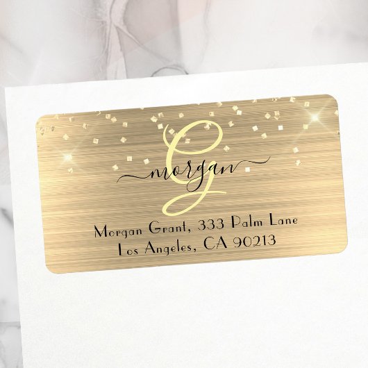 Étiquette Gold Glitter & Monogram, Black Script Name Address