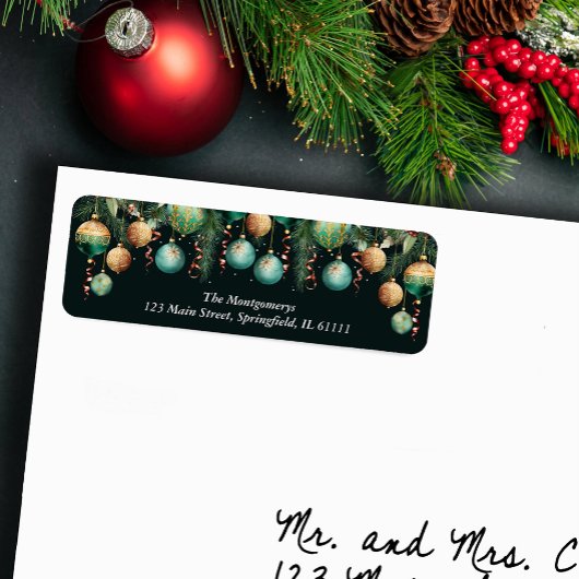 Étiquette Gold Green Christmas Tree Ornaments Return Address