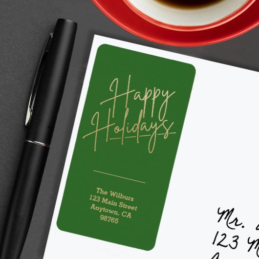 Étiquette Gold Happy Holidays Green Return Address