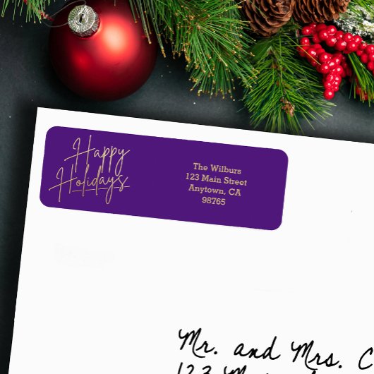 Étiquette Gold Happy Holidays Purple Return Address