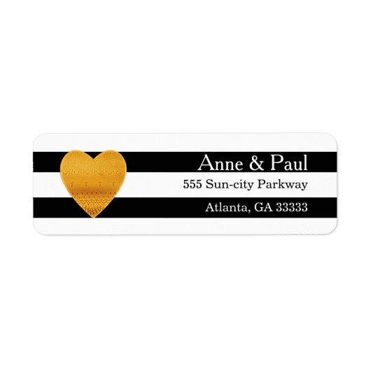 Étiquette Gold Heart Black & White Stripe Adresse de retour (Devant)