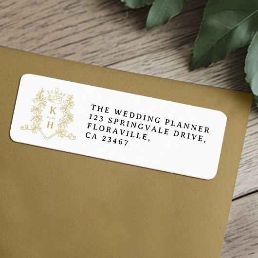Étiquette Gold heart crown monogram wedding return label