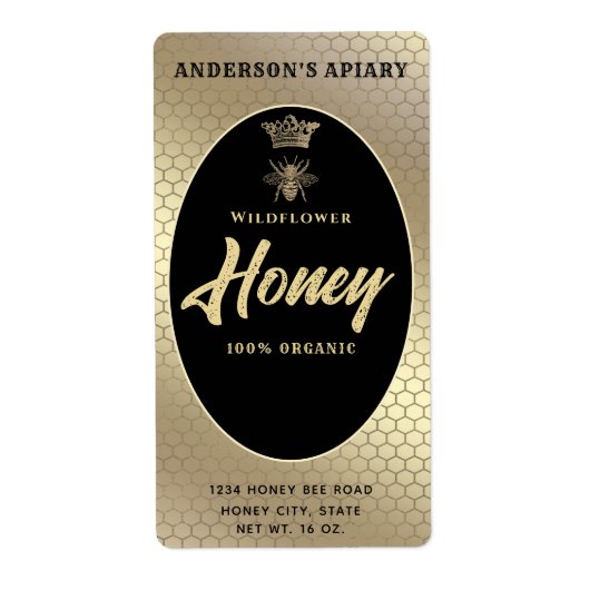 Étiquette Gold Honey jarre script moderne queen bee (Devant)