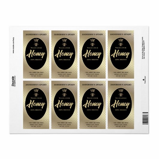 Étiquette Gold Honey jarre script moderne queen bee (Feuille entière)