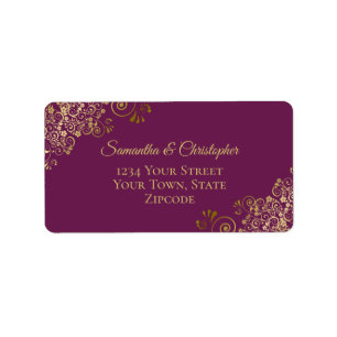 Étiquette Gold Lace Frills on Cassis Purple Wedding Address