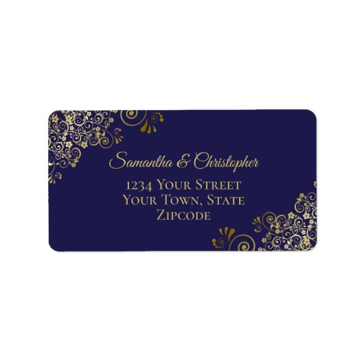 Étiquette Gold Lace Frills on Navy Blue Wedding Address (Devant)