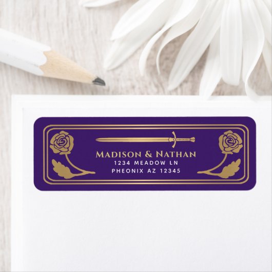 Étiquette Gold Purple Medieval Fantasy Sword Wedding Label (En situation)