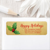 Étiquette Gold Red Holly Joyeux Noël Adresse de retour (En situation)