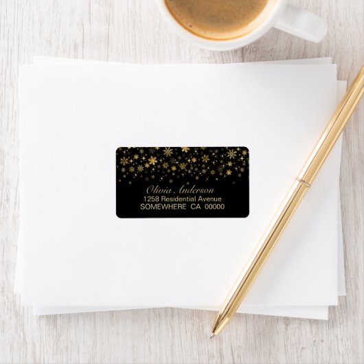 Étiquette Gold Snowflakes Black Return Address (En situation)