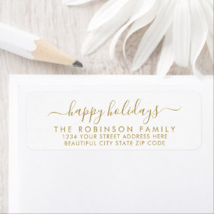 Étiquette Gold White Happy Holidays Script Return Adresse