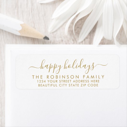 Étiquette Gold White Happy Holidays Script Return Adresse (En situation)