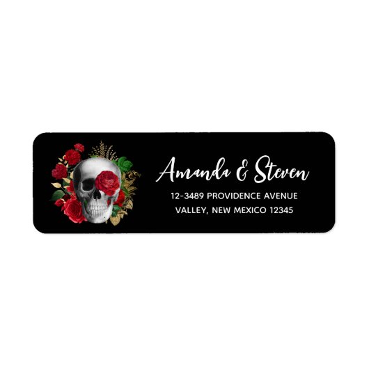 Étiquette Goth Crâne avec Fleurs rouges et Feuilles d'or (Devant)