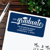 Étiquette Graduation Cap Chic Script Bleu Adresse de retour