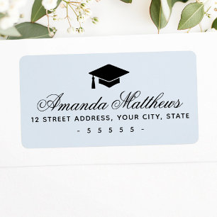 Étiquette Graduation cap élégant script bleu adresse de reto