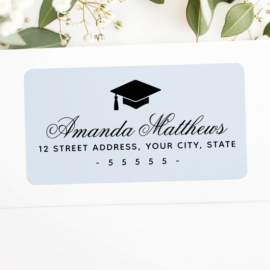 Étiquette Graduation cap élégant script bleu adresse de reto
