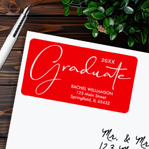 Étiquette Graduation Élégant Script Rouge Adresse de retour