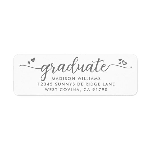 Étiquette Graduation Gris Blanc Script Coeurs Adresse modern (Devant)