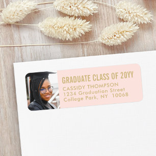 Étiquette Graduation Photo Blush Pink & Gold Adresse de reto