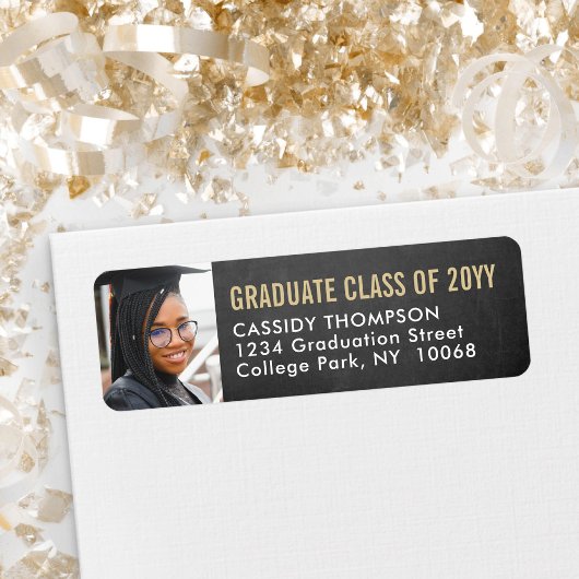 Étiquette Graduation Photo Chalkboard & Gold Return Adresse