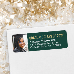 Étiquette Graduation Photo Green Gold White Adresse de retou