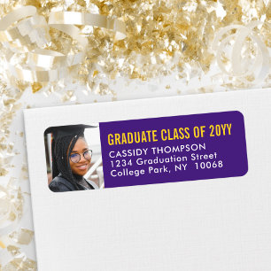 Étiquette Graduation Photo Purple et Gold Adresse de retour