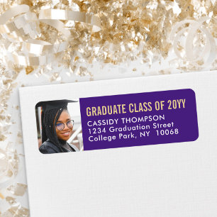 Étiquette Graduation Photo Purple Gold White Adresse de reto